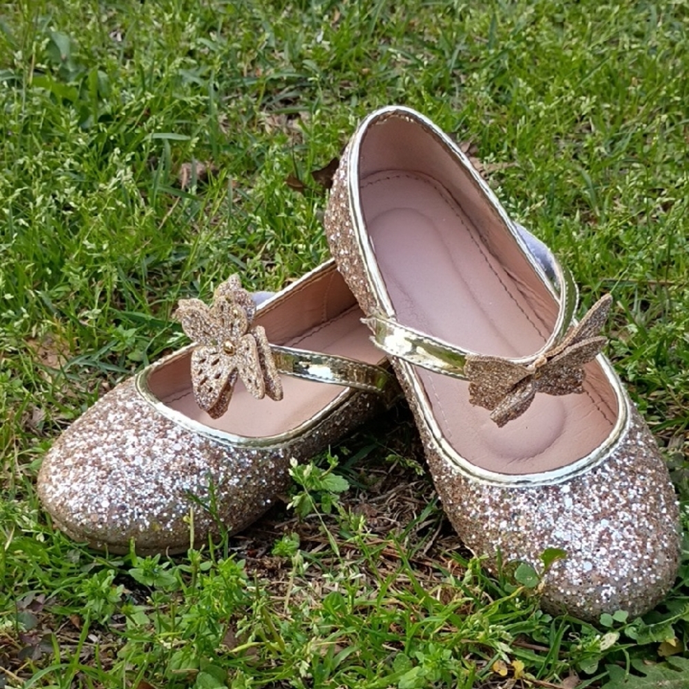 Sparkling Gold Kids Dress Shoes with Butterfly Detail